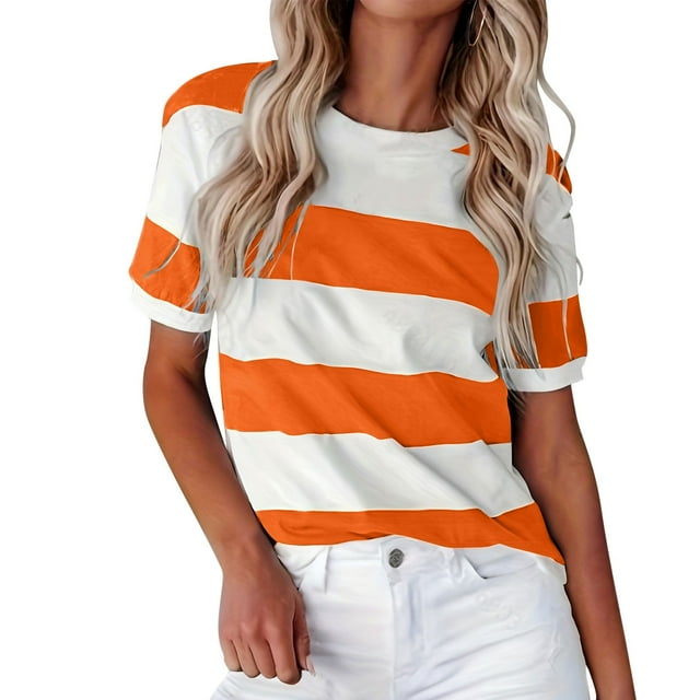 WEIYLL T-Shirt Femme Été Imprimé Rayé Européen Col Rond Manches Courtes Blouse Orange Tailles TG