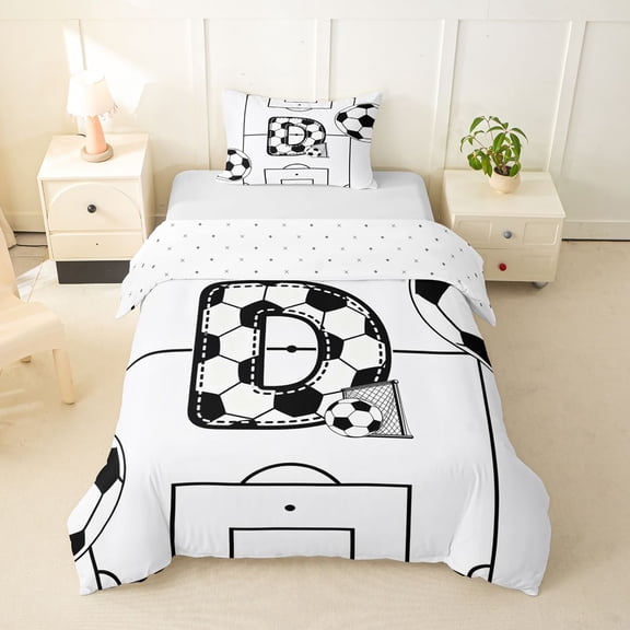 Feelyou Minimalist Soccer D Letter Twin Duvet Cover for Kids, Cartoon Football Sport Twin Bedding, Black White, Reversible, 2pcs, 1 Duvet Cover and 1 Pillowcase