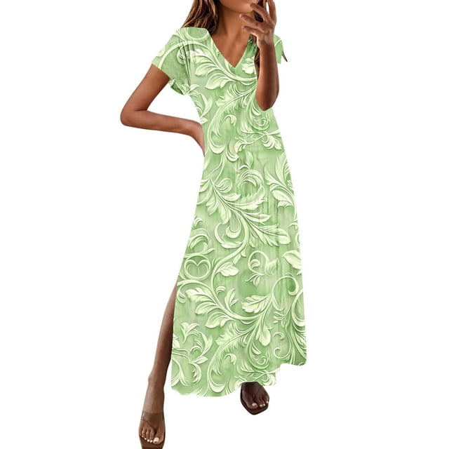 bbymog Robes pour Femmes Robes d'Été Col en V Manches Courtes Fente Latérale Robe Maxi Florale Grande Taille Robes Boho pour Femmes Vert B TTG