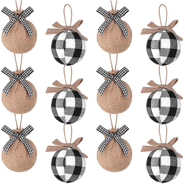 Adornos para árbol de Navidad, 12 piezas de 2-1/2 pulgadas, cuadros negros blancos, costura de arpillera, Navidad