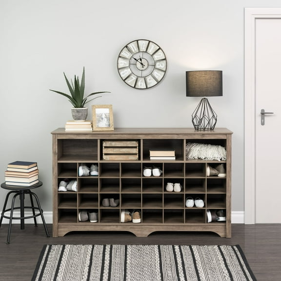 Prepac 36 Cubby 60" Versatile Wooden Shoe Cubby Console in Drifted Gray