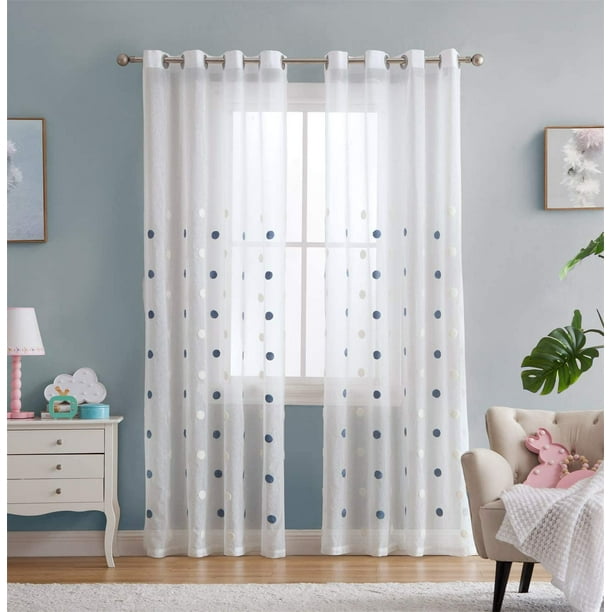 Vandesun White Sheer Curtain With Embroidery Blue And Dots For Bedroom Kids Room Small Windows 2 Panels Dot 40 X 63 Com Vandesun White Sheer Curtain With, Blue Polka Dot Sheer Curtains