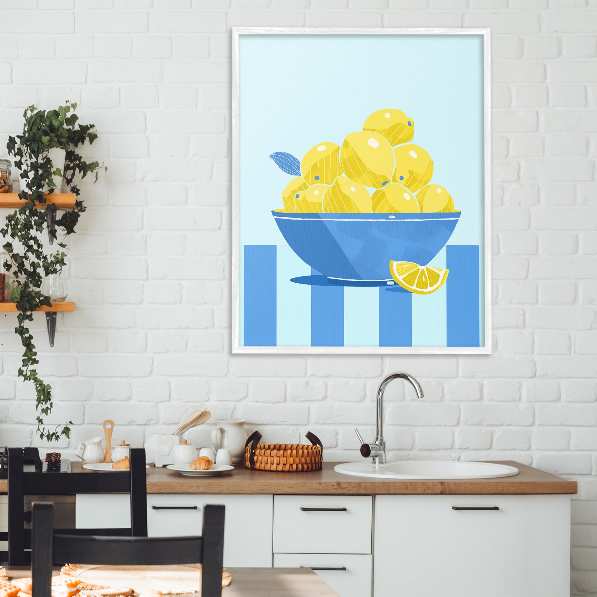 Stupell Industries Yellow Lemon Bowl Striped White Framed Giclee Art, design by Lucca Sheppard