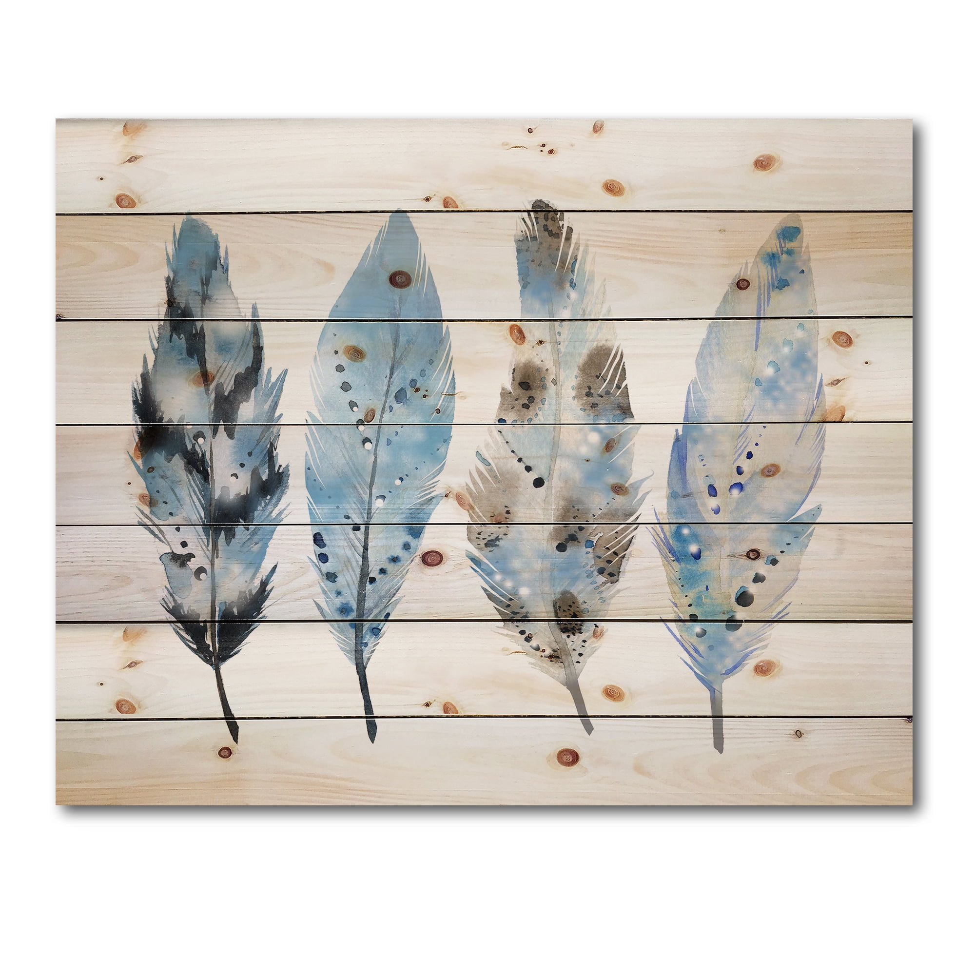 Designart 'Abstract Blue Boho Feathers I' Bohemian & Eclectic Print on Natural Pine Wood