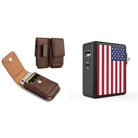 

Holster and Wall Charger Bundle for REVVL 6 5G: Vertical Magnetic Belt Pouch Case Clip (Brown) and 45W Dual USB Port PD Type-C and USB-A Power Adapter (American USA Flag)