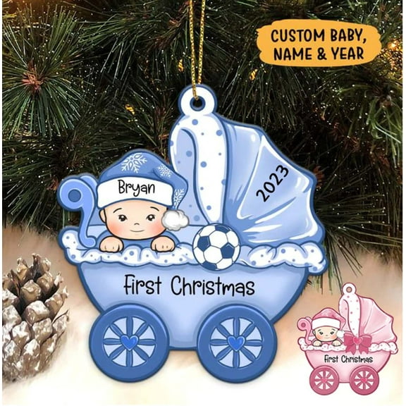 XEOVHV Baby Boys Carriage Christmas Ornament 2023 - Baby’s First Christmas Ornament, Gift Ideas for Newborn Son Custom Blue Glittered Stroller Xmas Tree Decor - Free Customization