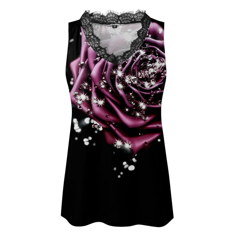 NECHOLOGY Womens Tank Top Black Dressy Shirt Women Summer Sleeveless Rose  Flower 3D Printed V Neck Lace Tank Tops Beaded V Neck Top Purple XX-Large 