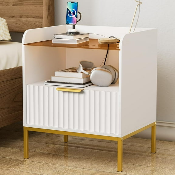 PetFurnishn Fluted Nightstand with Charging Station and Glass Top, Modern Bedside Table with Metal Legs, Wood End Table for Bedroom, Living Room (White)