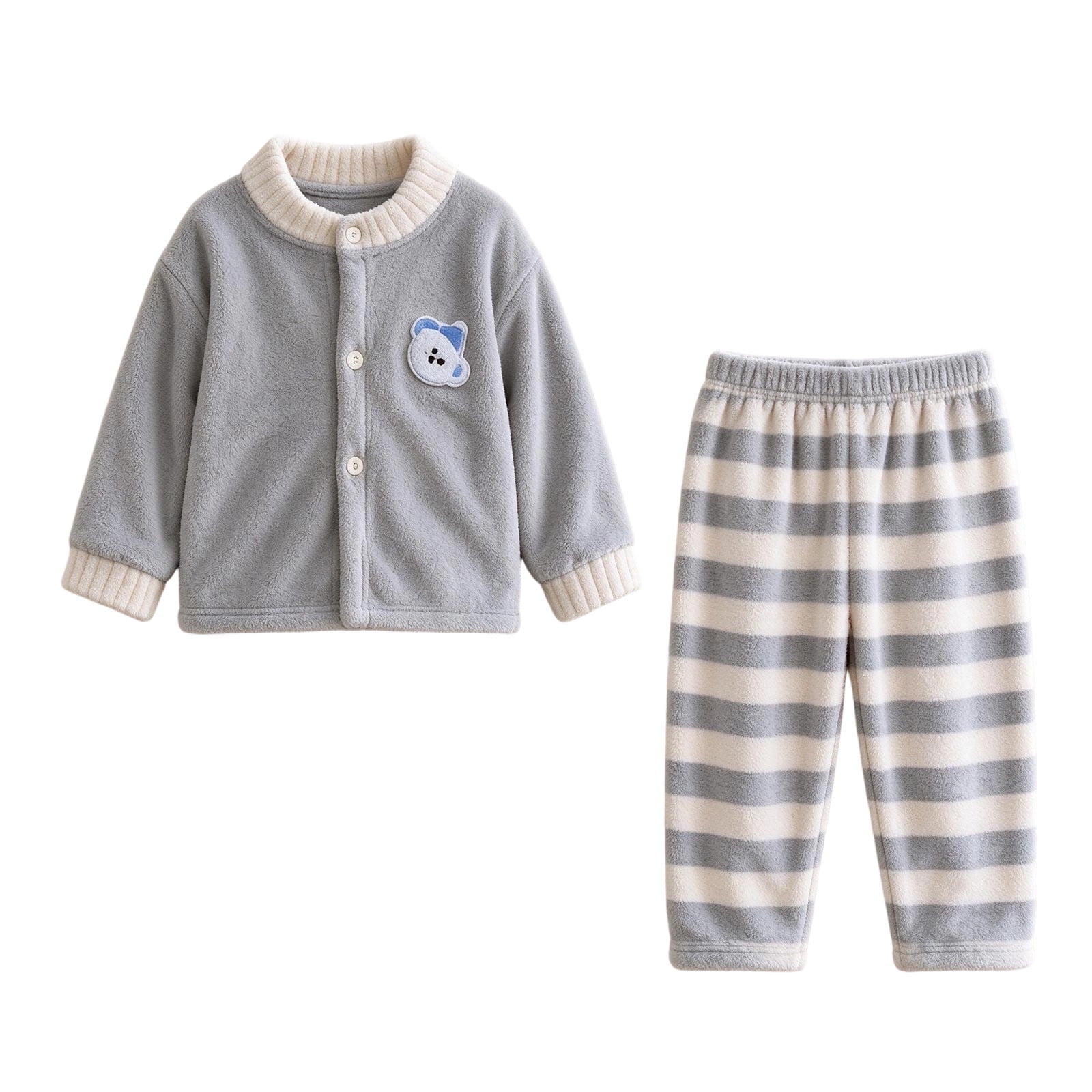 Kids Boys Fleece 2 Piece Outfit Set Button Front Plush Top with Cartoon Bear Patch and Striped Pants Warm Soft Casual Loungewear for Fall Winter Home Wear(Light Gray 2-3 Years)