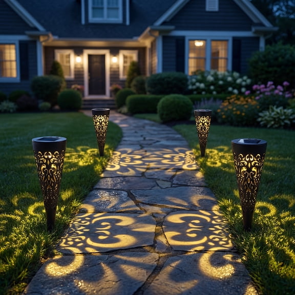 4 Pack Hollow Out Solar Lights Outdoor Waterproof, Solar Pathway Lights Decorative Solar Garden Lights Landscape Lighting for Yard, Walkway