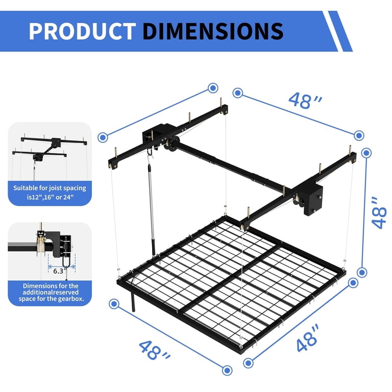 4x4 Ft Overhead Ceiling Storage Rack – Manual Hand Crank Garage Lifting Rack, 350 Lbs Capacity, Adjustable Height For Basements & Workshops