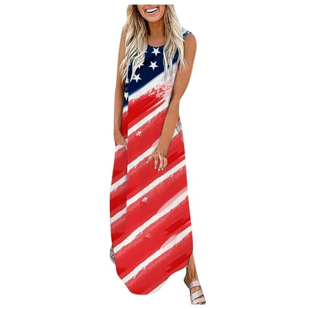 

Hvyesh 4th of July Dresses Women Summer Plus Size Maxi Dress Elegant Pattern Crew Neck Sundresses Breathable Short Sleeve Soft Dresses 2023 Red
