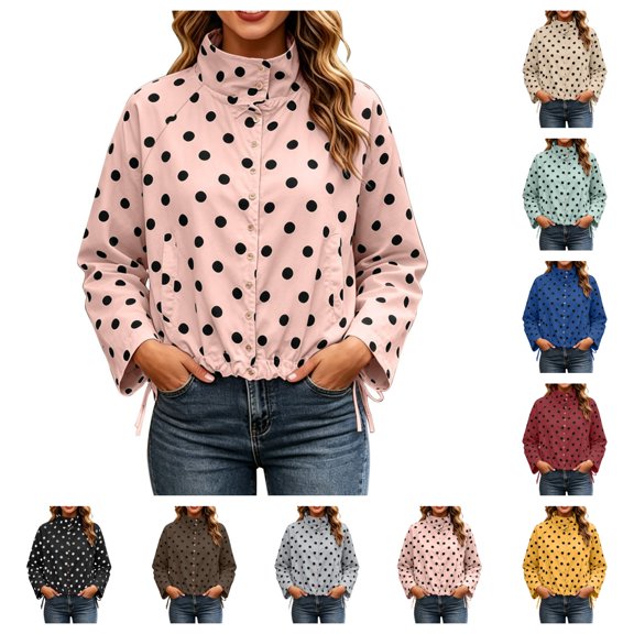 SAWOBUUN Womens Polka Dot Cropped Jacket Stand Collar Button Down Drawstring Hem Lightweight Windbreaker Outerwear Coat with Pockets
