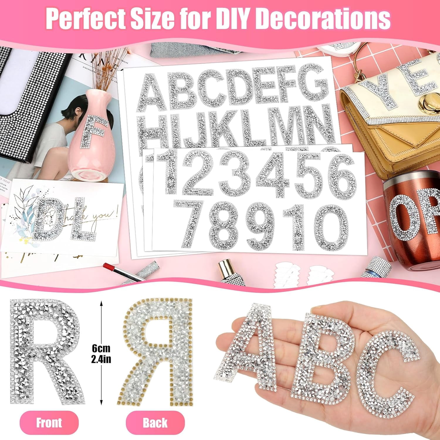 76 PCS Rhinestone Letter Stickers, 2.4 Inch Silver Glitter Alphabet Sticker with Sewing Kits, Self Adhesive A-Z & 0-9 Letter Number Stickers for DIY Arts and Crafts Decor, Clothes, Bags, Hats