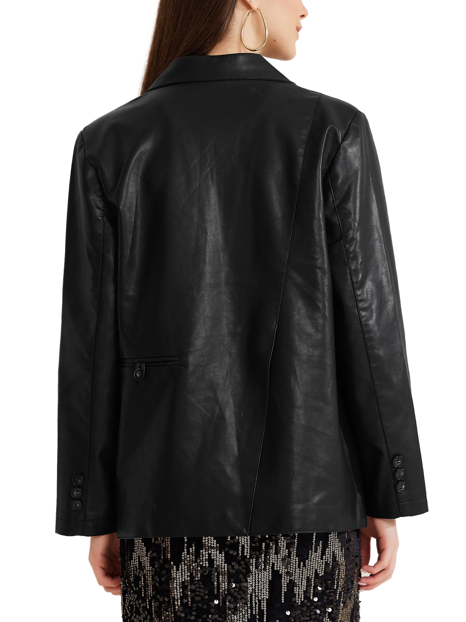 INSPIRE CHIC Women's Faux Leather Blazer Pockets Notch Lapel Work Casual Fall Winter Coat L Black