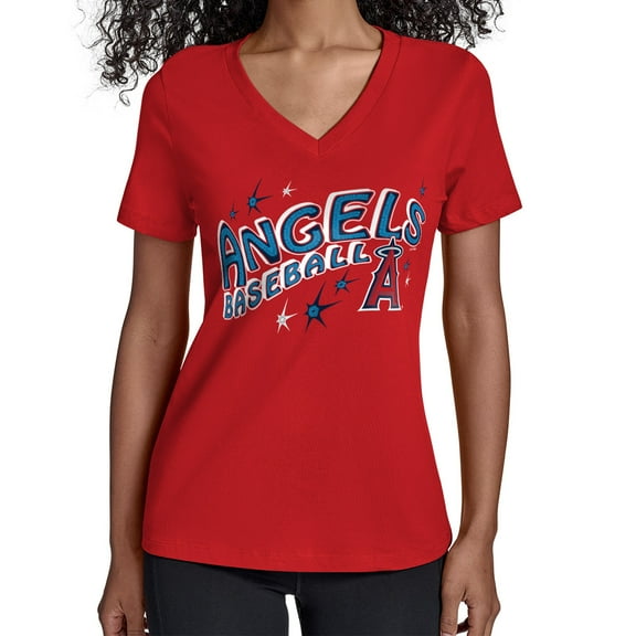 Women's Starter Red Los Angeles Angels Fireworks V-Neck T-Shirt
