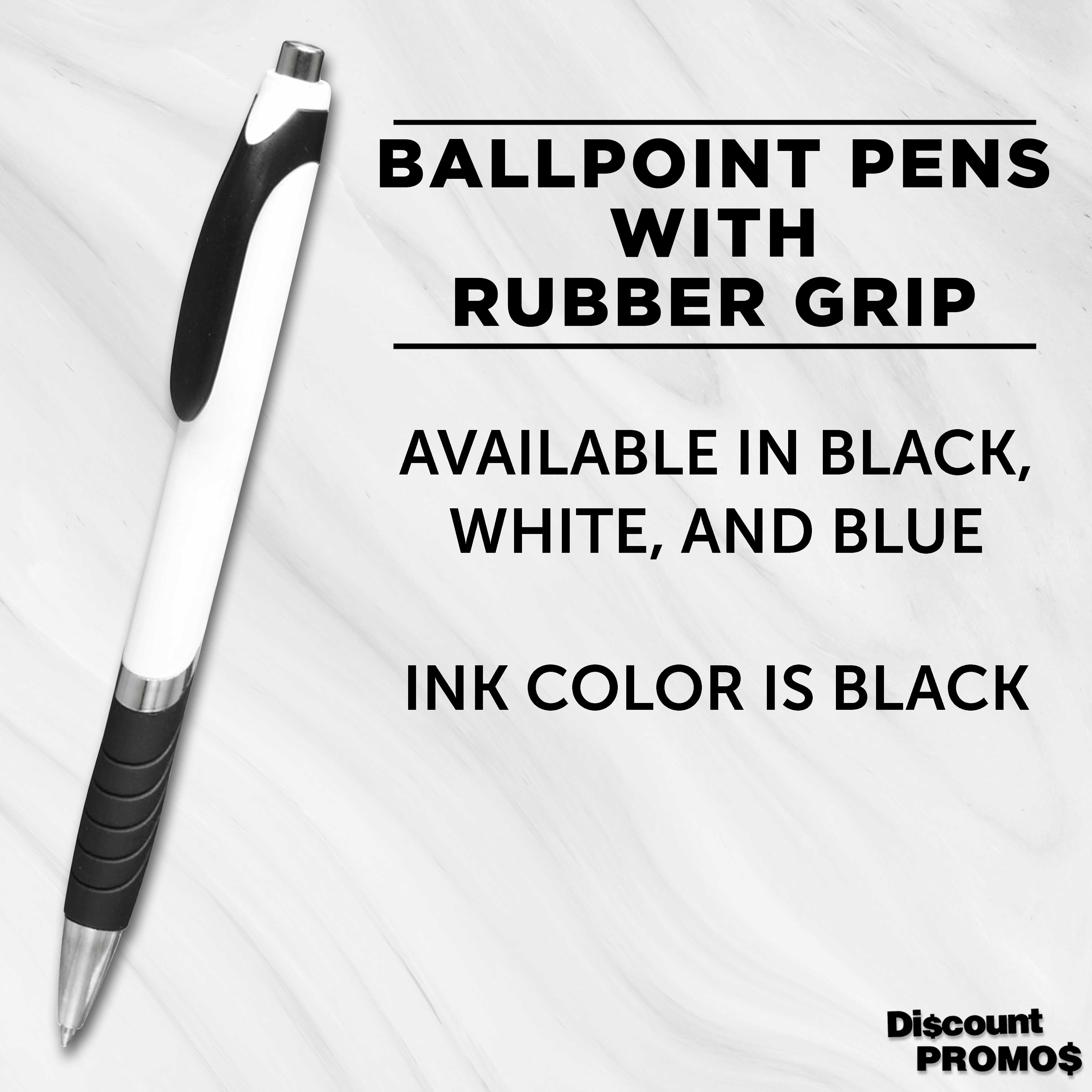 Ballpoint Pens With Rubber Grip - 10 pack - Black Ink Ball Point Pen with Soft Touch Plastic - White