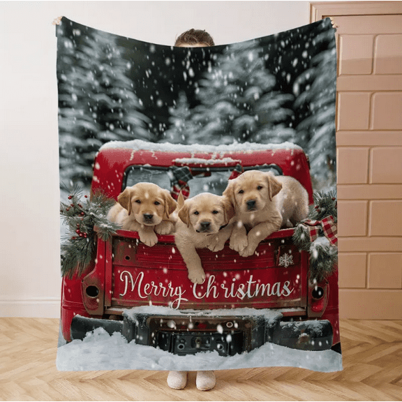 Soft Flannel Blanket with Red Truck and Labrador Dog Print - Comfortable Throw for Bed, Sofa, Office, Camping - Mid-Century Style, Polyester, All-Season, Wearable Blanket