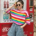 thumbnail image 4 of Women's INS Same Rainbow Contrast Color Striped Half Sleeve Mid-length Topwoner Summer, 4 of 11