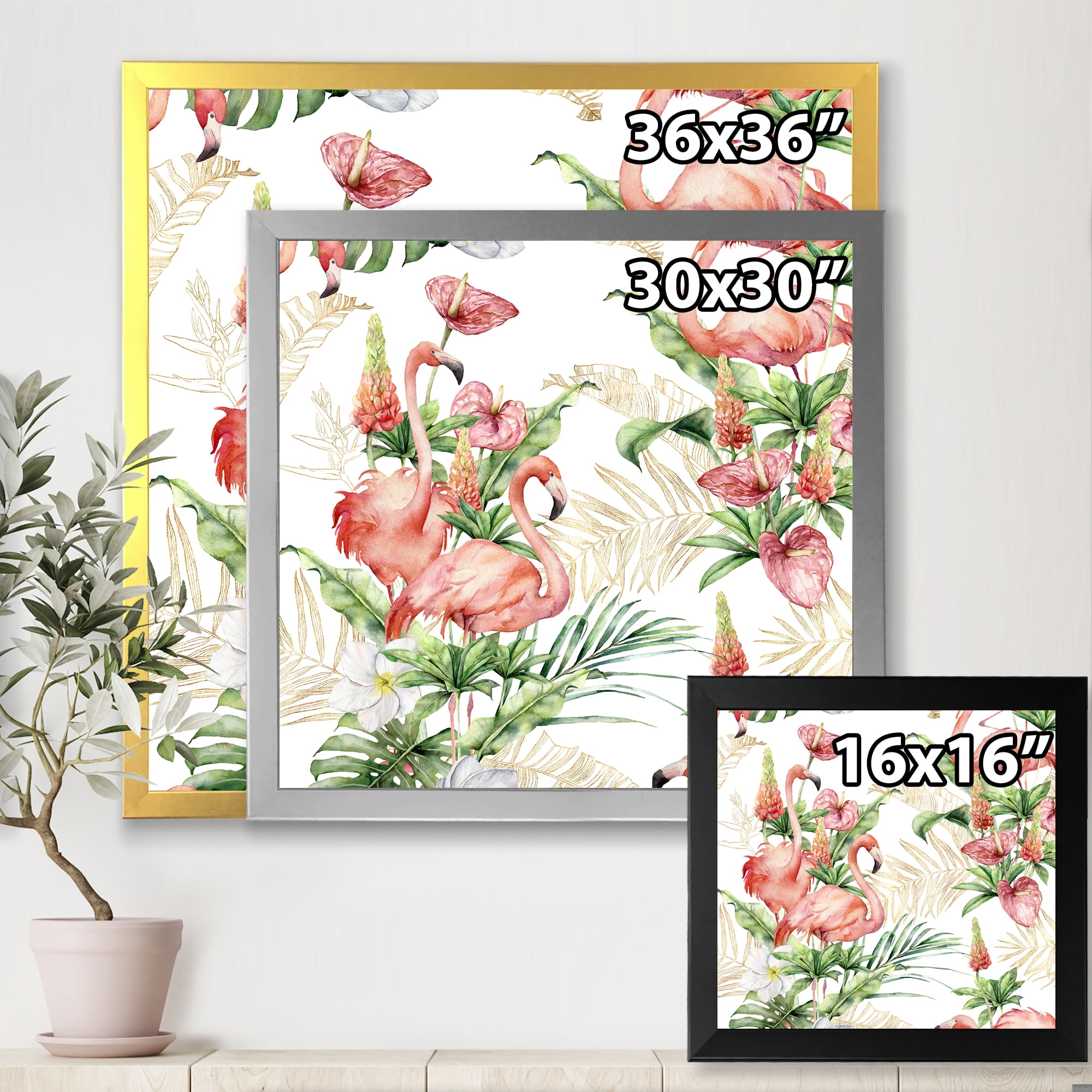 Designart 'Tropical Flowers & Gold Leaves With Pink Flamingos' Traditional Framed Art Print