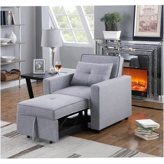 Light Gray Linen Convertible Sleeper Chair with Side Pocket and Storage