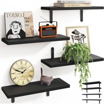 Set of 4 Bathroom Wall Shelf Rustic Wood Floating Shelves for Kitchen Living Room Bedroom, 16 Inch Black