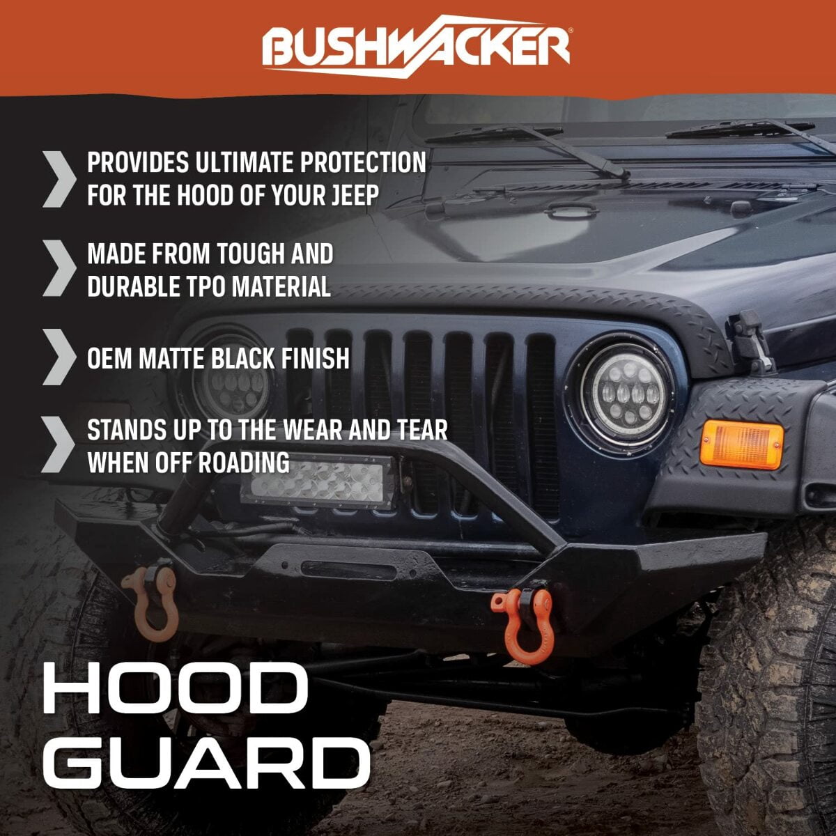 Bushwacker 14093 Trail Armor Hood Stone Guard Black Textured Finish, 1-Piece for 2018-2021 Jeep Wrangler JL, 2 and 4-Door