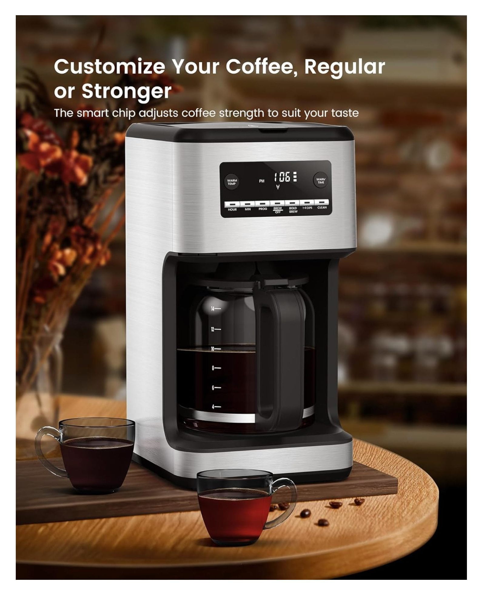 14-Cup Coffee Maker, 24-Hour Programmable Coffee Brewer, Keep Warm, Drip Free, Washable Filter, Stainless Steel, Silver