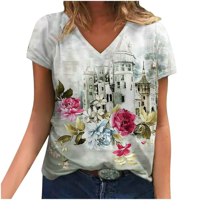 Hauts d'Été pour Femmes 2023 Mode Femme Décontractée Blouse à Col en V Imprimée T-Shirt à Manches Courtes Hauts d'Été
