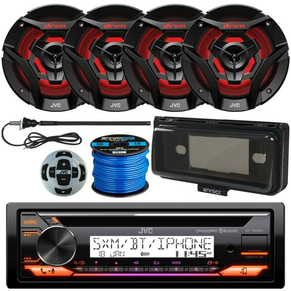Single DIN Marine Bluetooth USB AUX AM/FM Radio CD Player Receiver Bundle Combo with 4x 6.5" 260W 2-Way Black Boat Audio Speakers with MultiColor LEDs, Wired Remote, Receiver Shield, Antenna, Wiring
