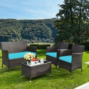Gymax 4PCS Patio Rattan Conversation Furniture Set Outdoor Turquoise Cushioned
