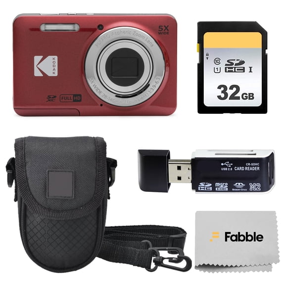 KODAK PIXPRO FZ55 16MP Digital Point & Shoot Camera, 5X Optical Zoom, 28mm Wide Angle, 1080P Full HD Video, Bundle with 32GB SD Card, Protective Case, and Hi-Speed Card Reader (Red)