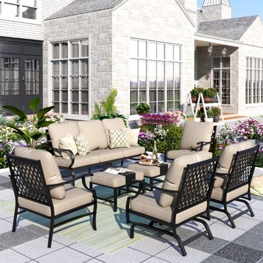 MF Studio 7-Piece Patio Conversation Set Outdoor Furniture Sofa Set for 9 Person with Beige Cushions