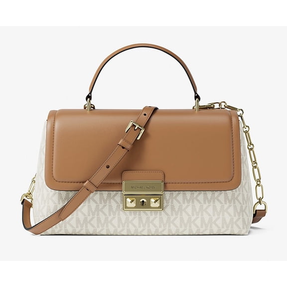 Michael Kors Women’s Tribeca Medium Satchel – Signature Logo Print Canvas Designer Handbag