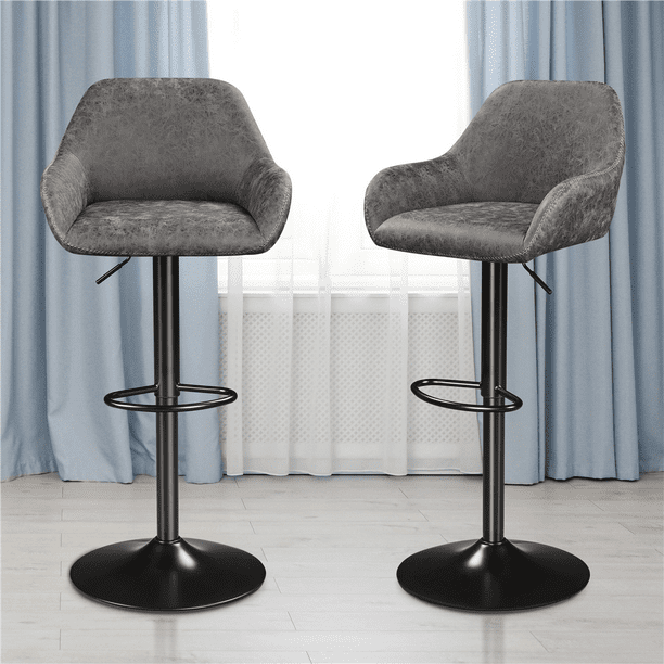 SMILE MART 2pcs Vintage Adjustable PU Leather Bar Stools with Backrest, Grey