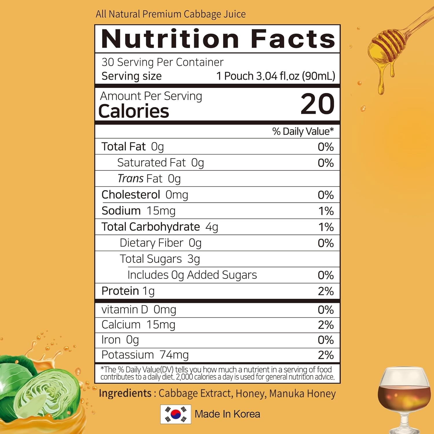 TerraPick Green Cabbage Juice Sweetened with Manuka Honey - Natural Cabbage Extract Juice Vegetable Juice Superfood (3.04 fl oz X 30 pouches)