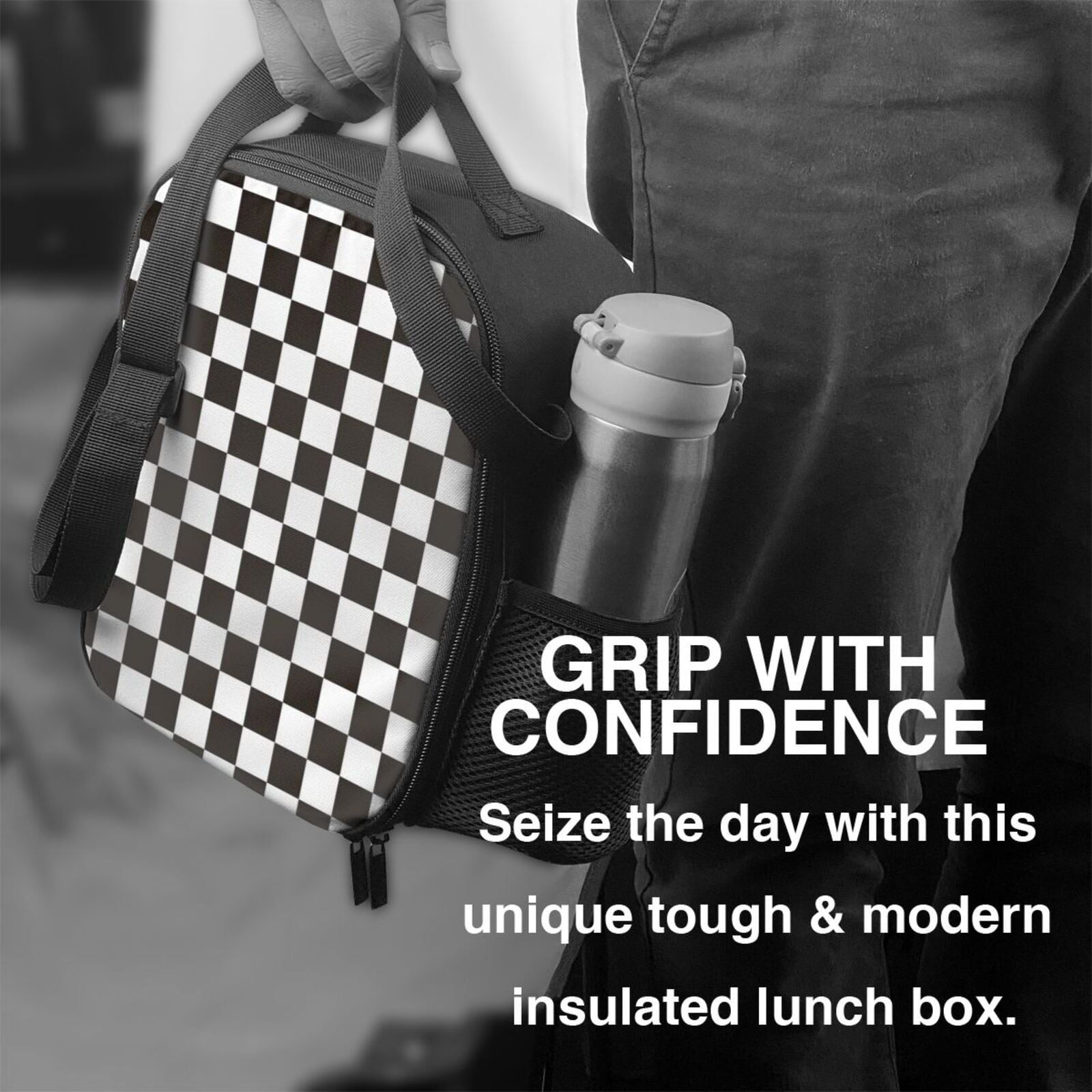 Defioc Black and White Checkerboard Print Lunch Box for Men & Women, Insulated Lunch Bag Thickened Thermal Leakproof Lunch Tote Bag for Adult Office Travel Picnic