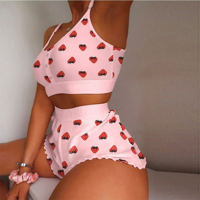 Women 2 Piece Kawaii Strawberry Print Ruffle Hem Cami Pajama Set Femme Cute  Crop Top & Shorts Suits Lady Sleepwear Y2k