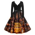 thumbnail image 2 of Women's Casual Dress Long Sleeve V-Neck New Year Printed Vintage Loose Fit Midi Dress for Spring Fall Holiday,Gold,M, 2 of 6