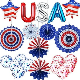 4th of July Patriotic Decorations, Red White and Blue Party Hanging Decor Set Including Paper Fans, Balloons and USA Banner for July 4th, Independence Day, Memorial Day, Veterans Day, Patriotic Party