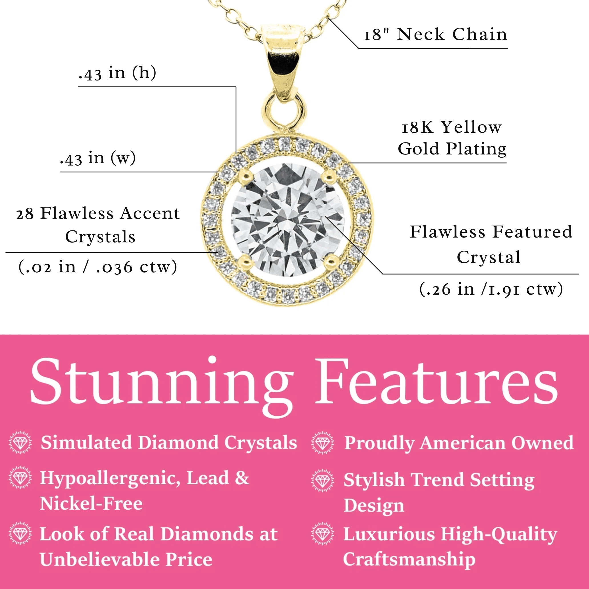 Cate & Chloe Blake 18k Yellow Gold Plated Halo Necklace with Simulated Diamond Crystals for Women