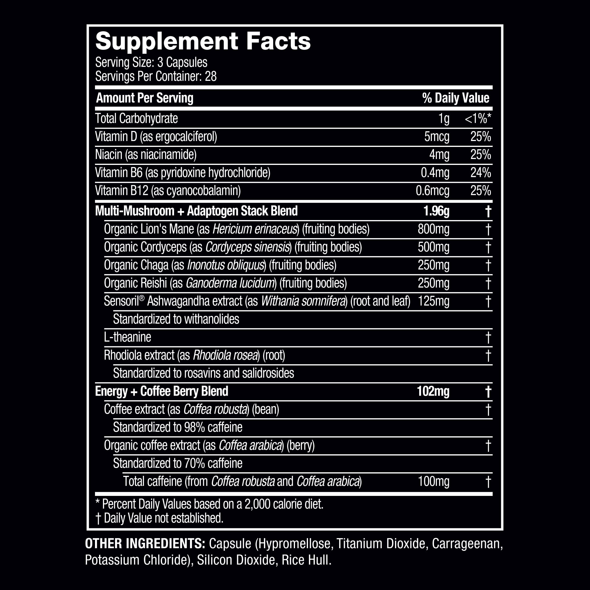 Multi Mushroom + Adaptogen Supplement - Chaga, Reishi, Cordyceps, Lions Mane and Ashwaganda - Energy and Enhanced Focus, 28 servings (84ct)