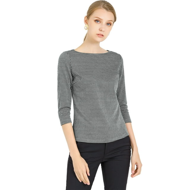 INSPIRE CHIC Women's Work 3/4 Sleeve Boat Neck Houndstooth Blouse Tops
