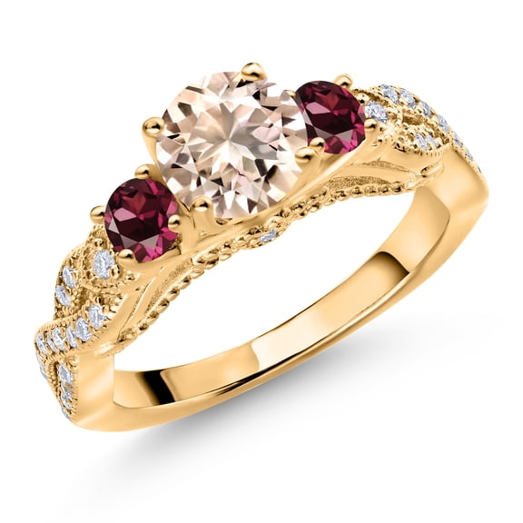 Gem Stone King 18K Yellow Gold Plated Silver Peach Morganite Red Rhodolite Garnet and White Moissanite Engagement Ring for Women (1.11 Cttw, Gemstone October Birthstone, Round 6MM and 3MM, Size 9)