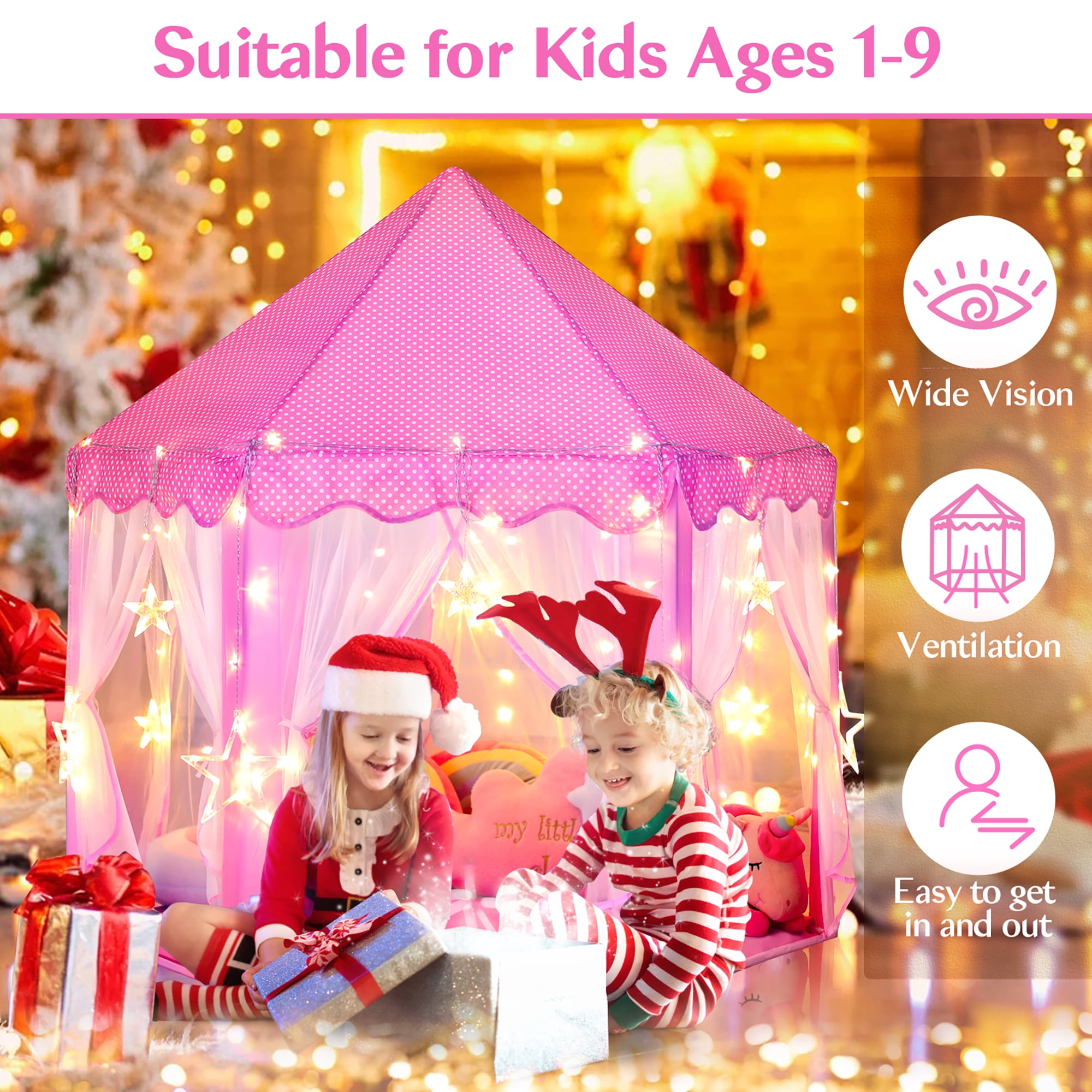 SISTICKER Princess Kids Tent for Girls Toddlers Large Playhouse with Star Lights Indoor Outdoor Polyester Toys