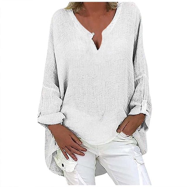Gibobby Blusa Manga Larga Mujer Camisa de manga larga con cuello en V de color sólido transpirable para mujer Blusa de mujer de manga cómoda(Blanco, XL)