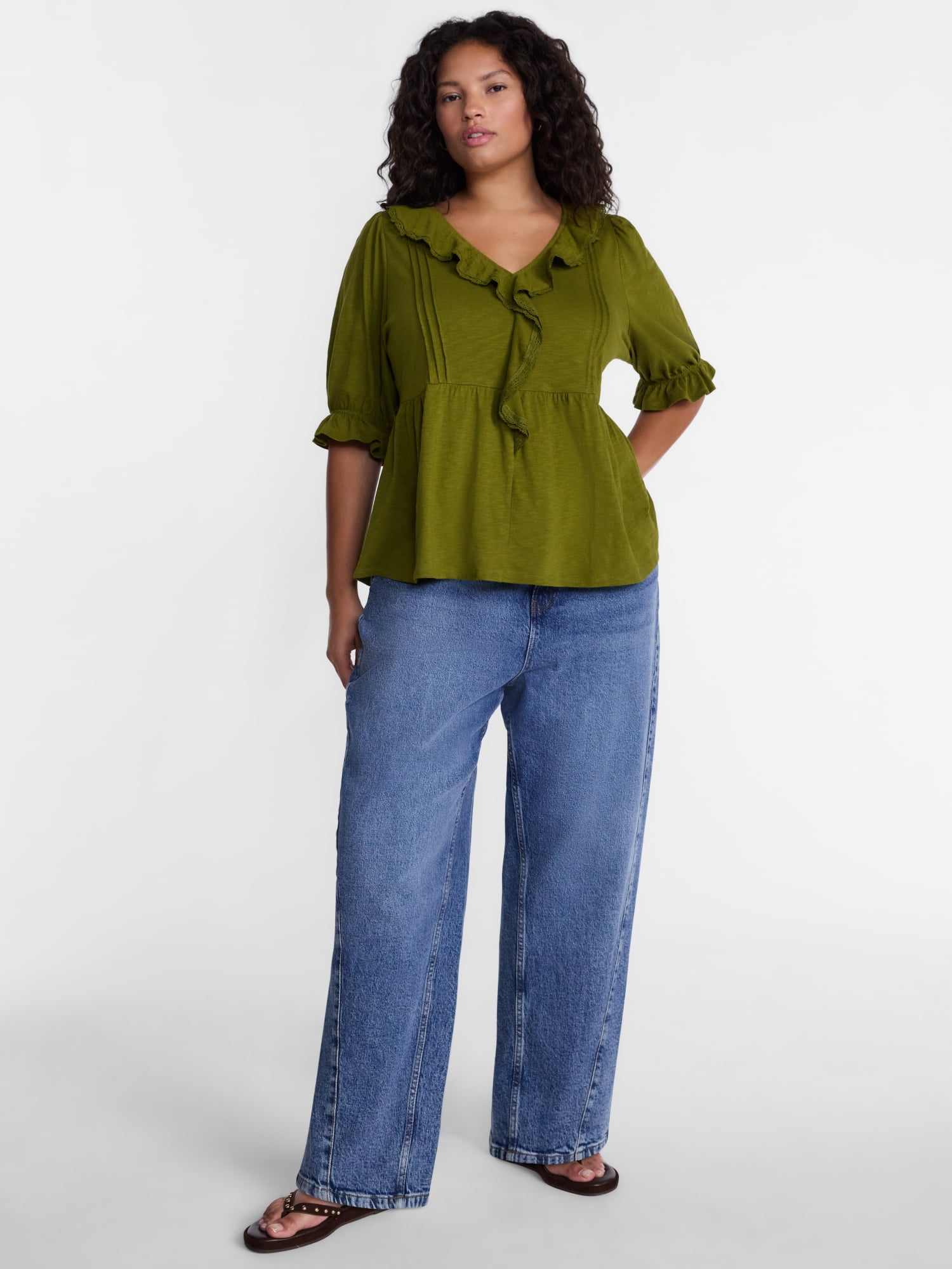Terra & Sky Women’s Plus Ruffled Cotton Blouse with Elbow-Length Puff Sleeves, Sizes 0X-5X
