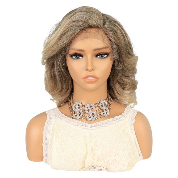Unique Bargains Lace Front Wigs for Women 14" Blonde Brown Medium Long Natural Curly with Wig Cap