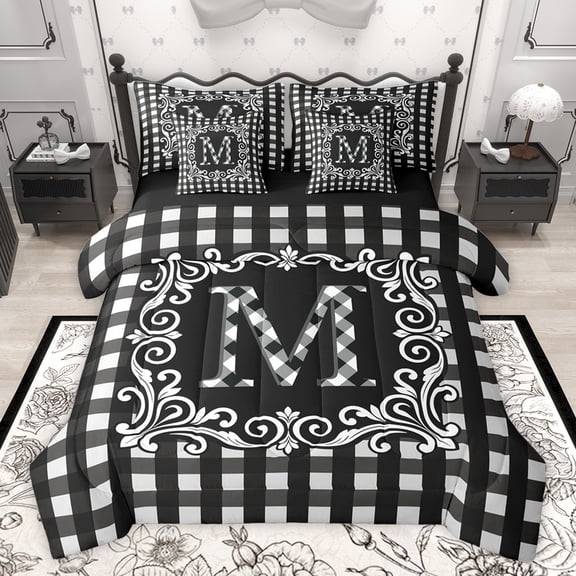 Feelyou Checkered Letter M Bedding Comforter Set 7pcs for Kids, Black White Buffalo Plaid King Bedding Sets, Retro Damask Floral Reversible Bed Sheets, Breathable Home Decor