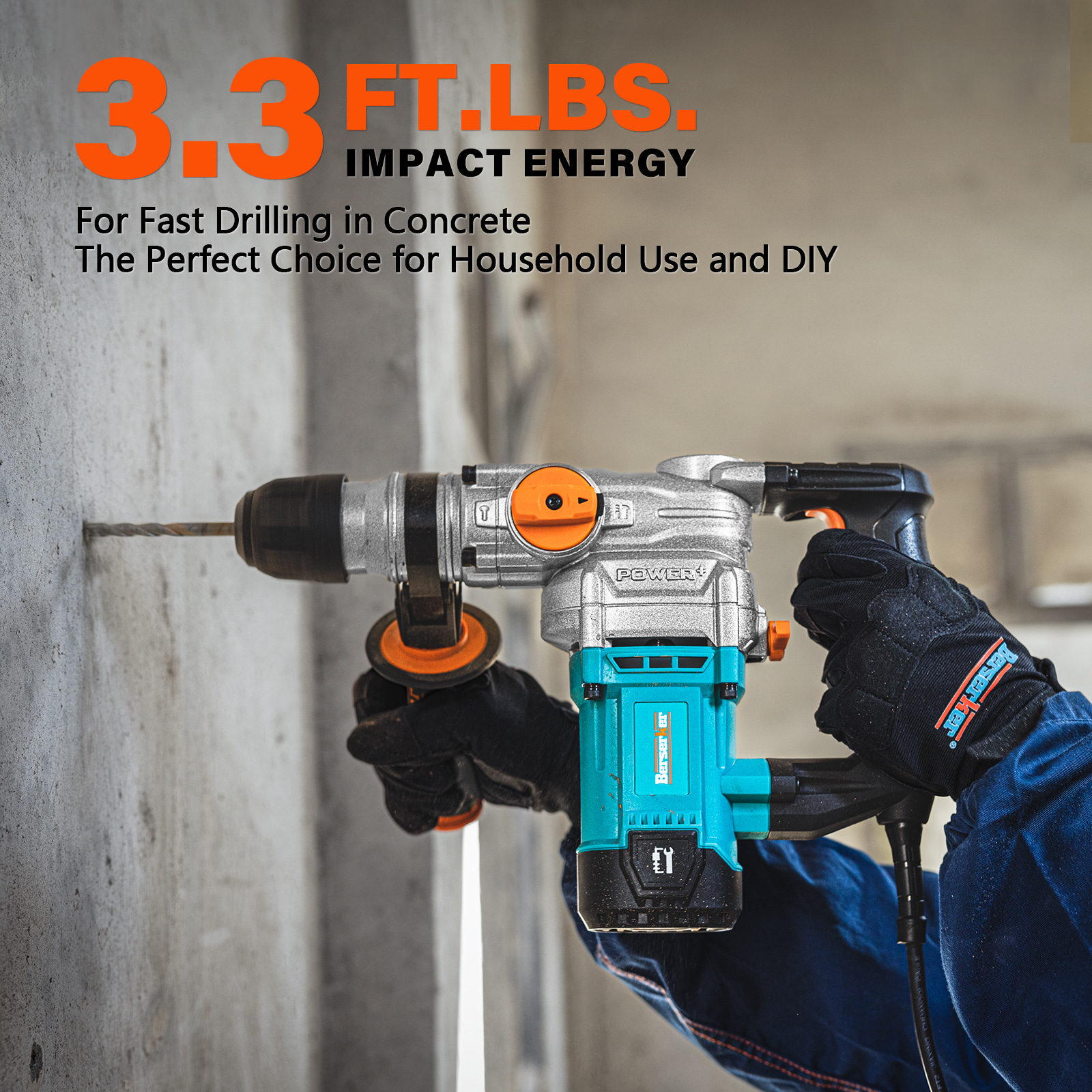 Berserker 9-Amp SDS-Plus Rotary Hammer Drill with Safety Clutch, 3-Function, includes Bits, Chisels, Case